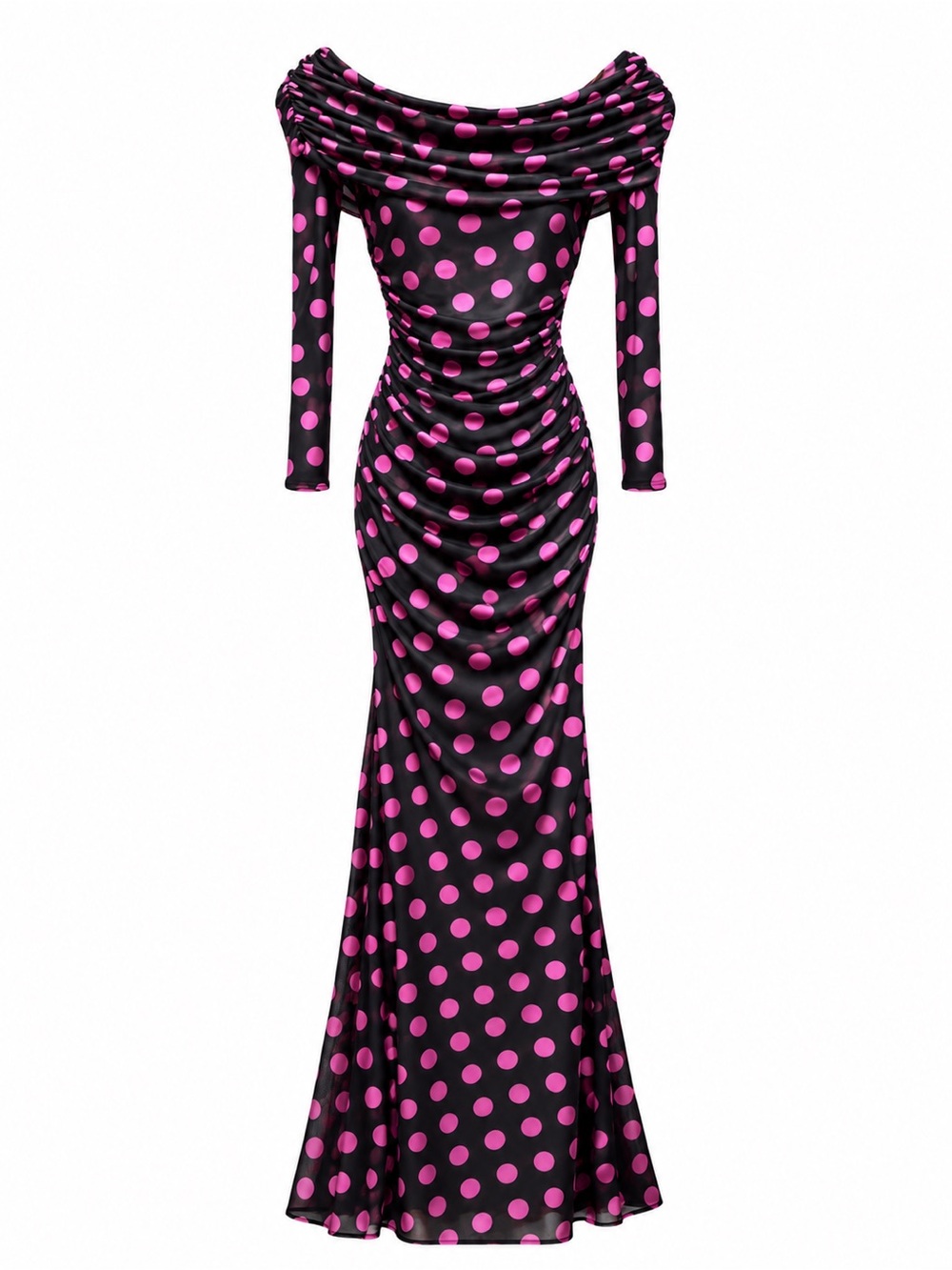 AFRM Polly Off-the-Shoulder Ruched Mesh Maxi Dress Cosmo Dot XS